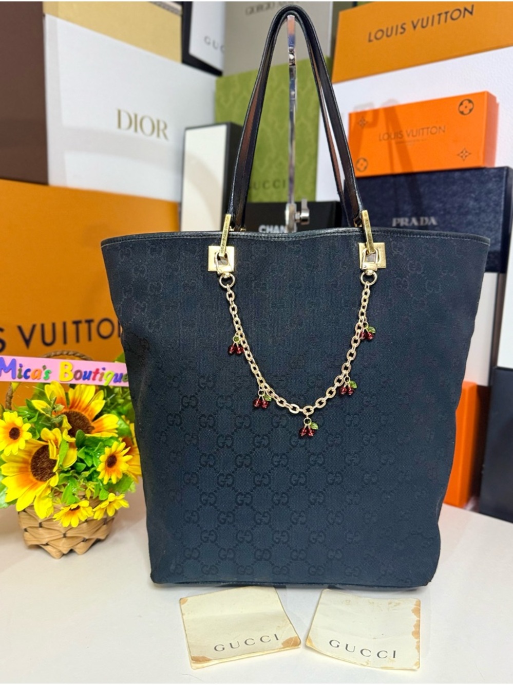 Auth GUCCI GG Canvas Tote Bag Black Champagne Women's